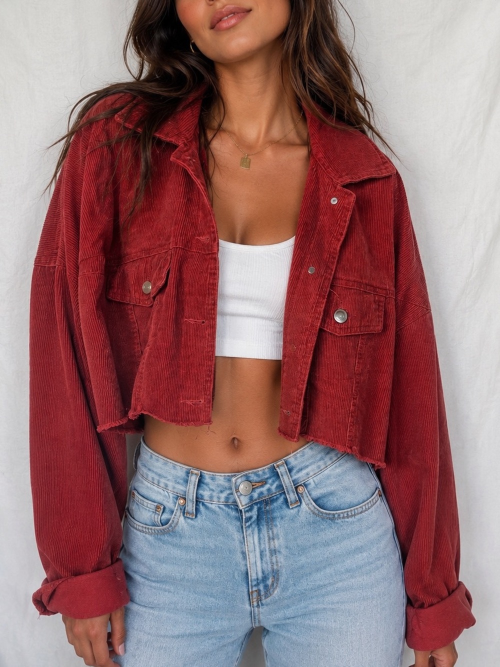 Windsor Cropped Corduroy Jacket - Brick Red